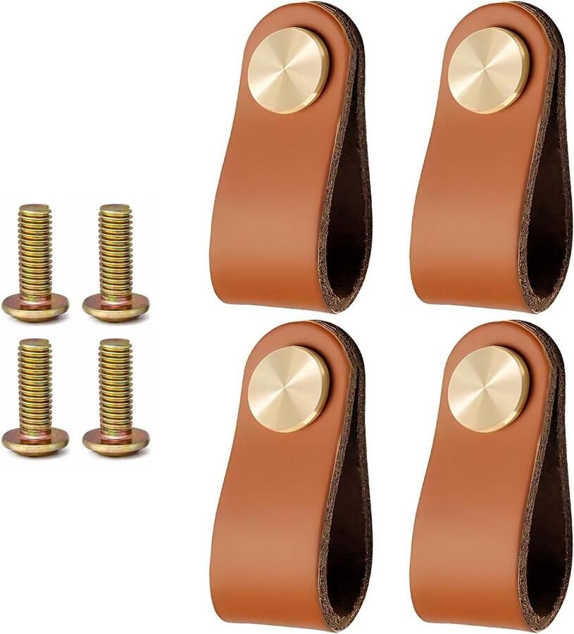 Allecto Plus Handgemaakte meubelgrepen van leer 4 stuks 64 x 25 mm messing kop laden kasten meubels