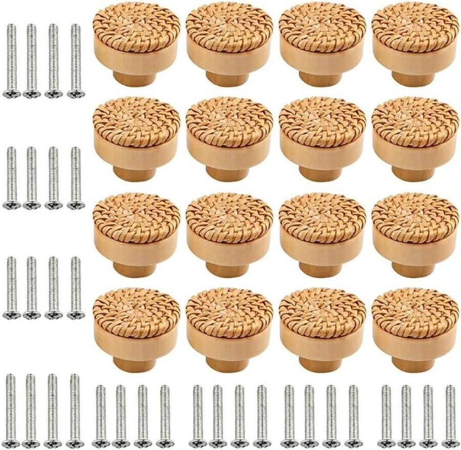 Allecto Plus Handgrepen van rotanhout Set van 16 stuks Inclusief schroeven van 25 mm 30 mm Geschikt voor meubels en laden 40 mm houten knoppen Voor kasten laden en woonkamers