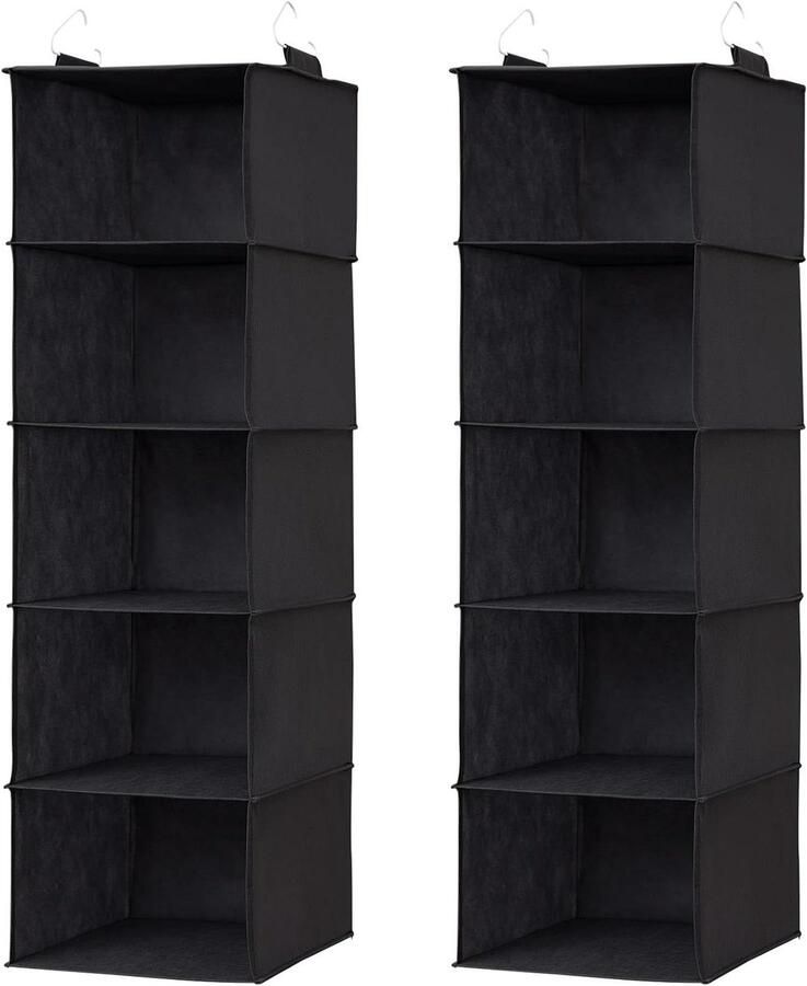 Allecto Plus Hangende Kast Organizer met 5 Planken en 2 Haken Opvouwbaar en Stevig Zwart Ruimtebesparende Opbergplanken