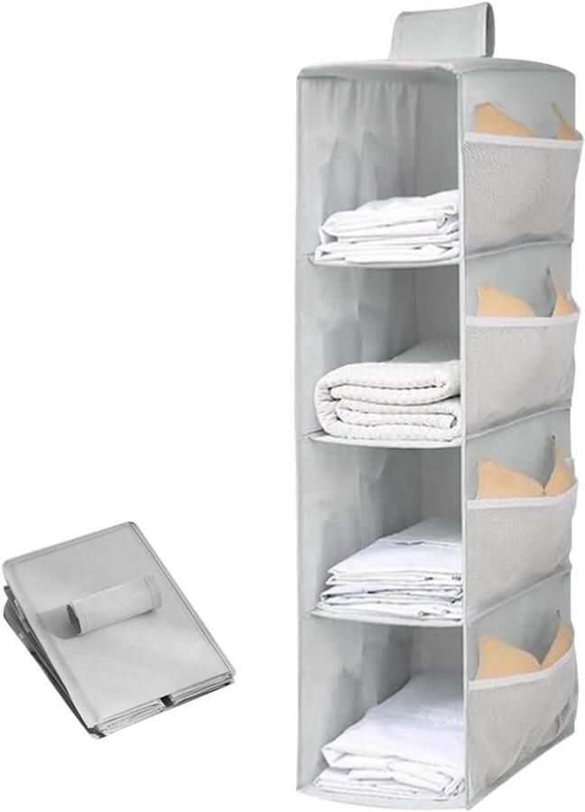 Allecto plus Hangende kledingkast met zijzakken Grijs 4 lagen Voor slaapkamer Ruimtebesparend Opvouwbaar