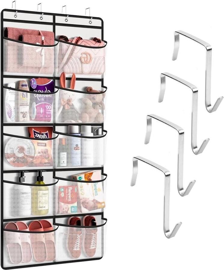Allecto Plus Hangrek met 10 Mesh Zakken en 4 Haken Kast Organizer voor Kast Over Deur Opbergrek voor Slaapkamer Badkamer en Kantoor (Grijs)