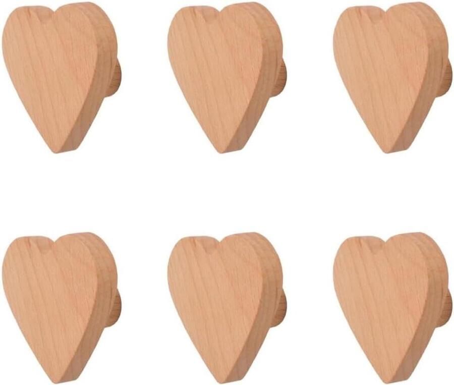 Allecto Plus Houten Kastknoppen in Hartvorm van Beukenhout voor Boho-meubels Set van 6 Stuks met Hardware