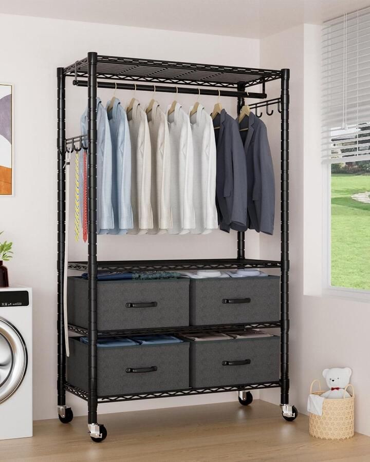 Allecto plus Heavy Duty L-Vormig Kledingrek voor Hoek Verstelbare Kledingkast 177x34 cm Zwart