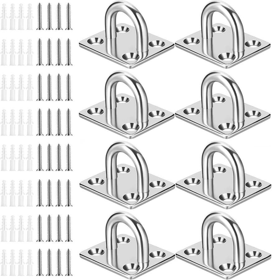 Allecto plus Heavy Duty Pad Eye Plate met U-vormige zeilschaduwhardware M5 Wand Plafond Hangmat Haken RVS 304 Set van 8 Stuks