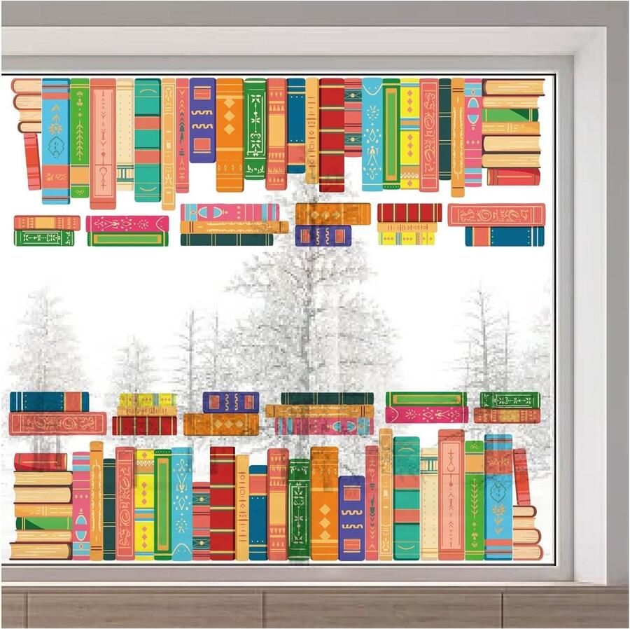 Allecto plus Herbruikbare Boho Boek Raamstickers 38 x 116 cm voor Decor Klaslokaal Bibliotheek Anti-Collision Statische Raamklampen tegen Vogels Grote Boheemse Glazen Decals