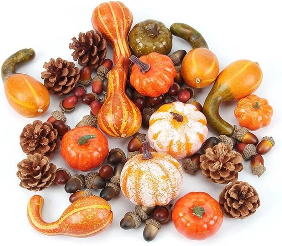 Allecto plus Herfst Decoratie Set Kunstmatige Pompoenen Esdoorn Bladeren Kalebassen Dennen Kegels en Eikels voor Herfst Party Bruiloft Halloween Thuis Tafel Decoratie 75 characters