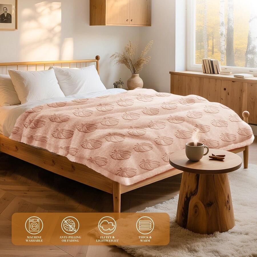 Allecto plus Herfstbont deken Sherpa Fleece Plaids voor Bank Zachte Pluizige 3D Pompoendekens Herfst Pluche Knusse Deken Woonkamer Decor Gift Beige 130x150