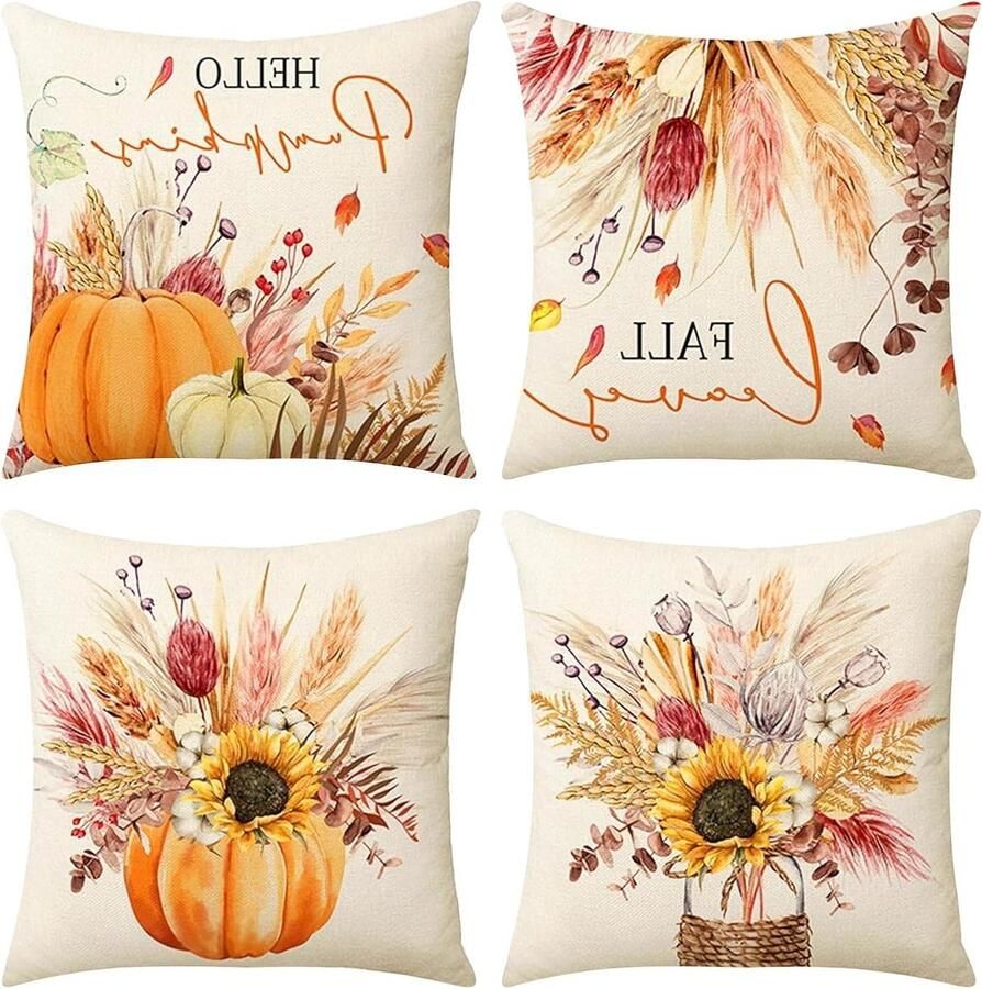 Allecto plus Herfstdecoratie kussenslopen 45 x 45 cm Set van 4 Pompoen en oogstfeest Linnen Woondecoratie voor bank en bed