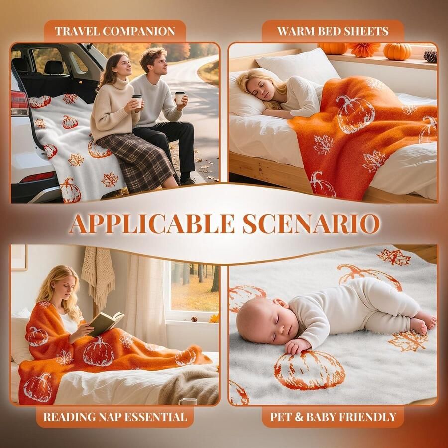 Allecto plus Herfstdeken voor op de bank en stoel Zacht oranje pompoenmotief Decoratieve omkeerbare en warme deken Met herfstbladeren 130 x 150 cm ideaal voor thuis en op reis