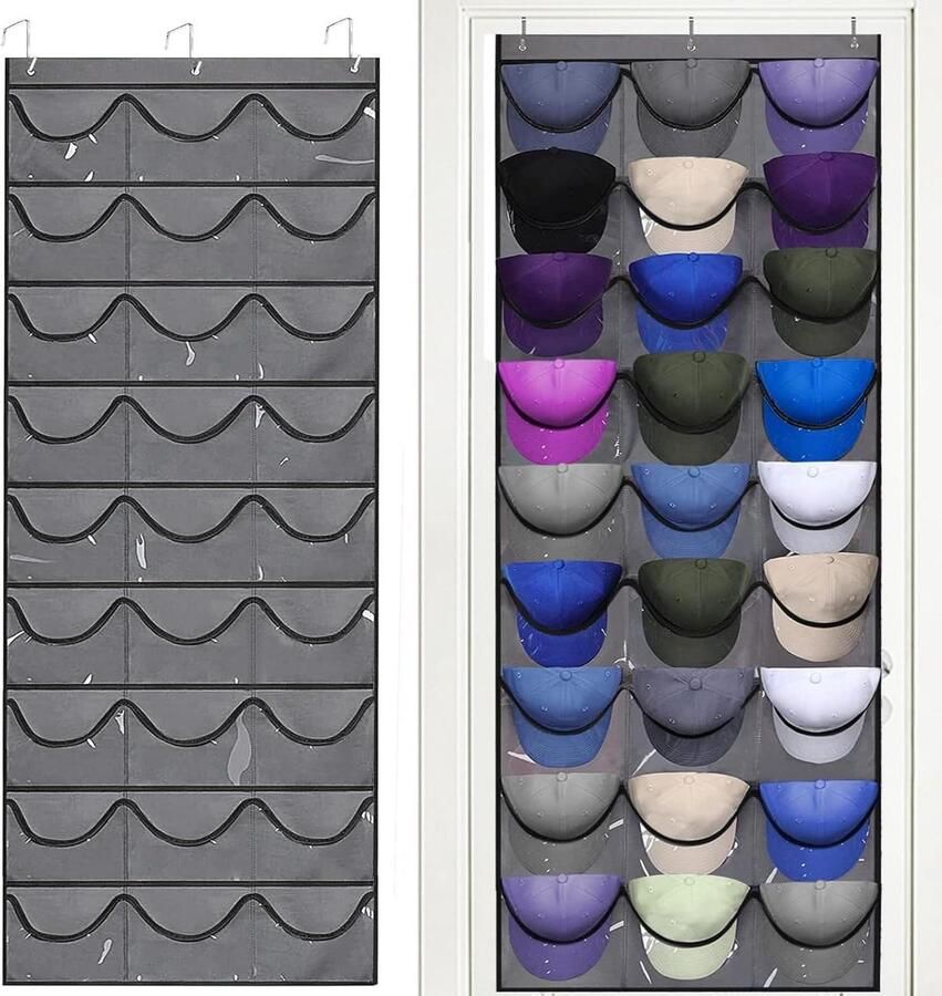 Allecto Plus Hoedenrek voor honkbalpetten en hoeden 27 vakken Organizer voor hoeden aan de deur Opbergrek voor hoeden Grijs