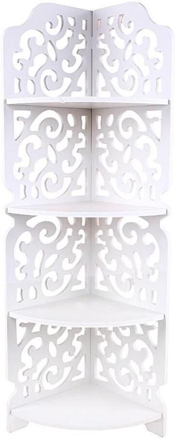 Allecto Plus Hoekplank 4-laags Hout Kunststof Composiet Wit Boekenkast Opslag Badkamer Rekken 80 x 21 x 19 cm Witte Hoekplank Hol Gesneden Ruimtebesparend
