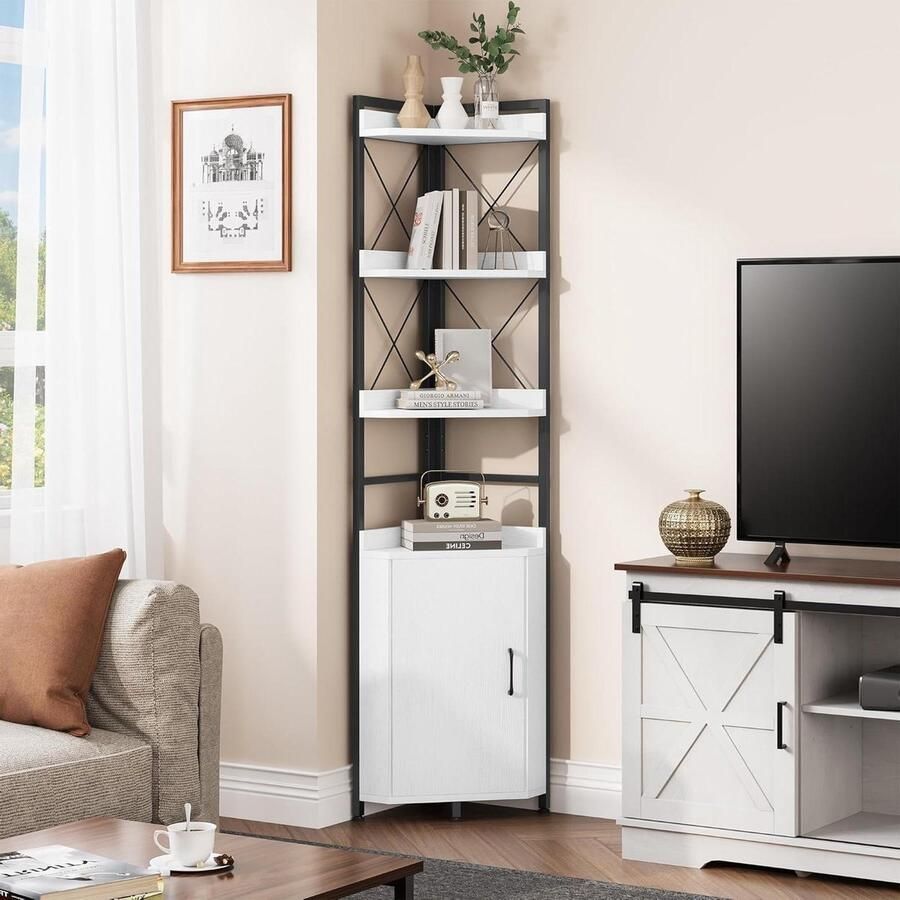 Allecto Plus Hoekplank met 4 niveaus industriële boekenkast in wit voor woonkamer en thuiskantoor