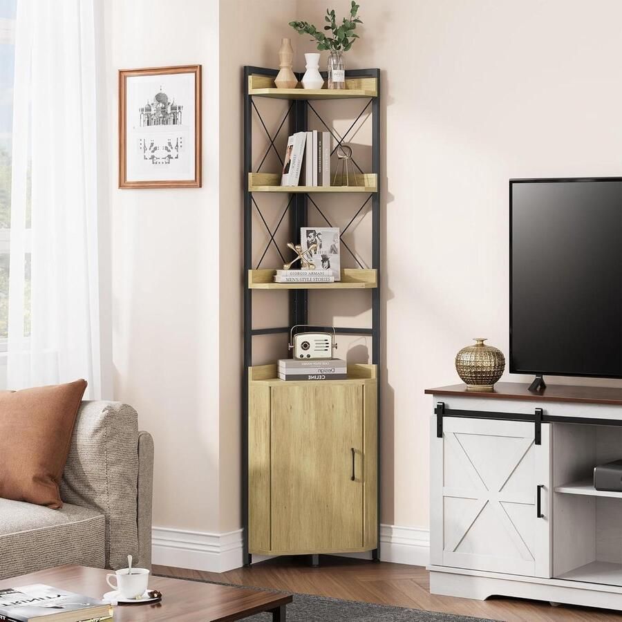 Allecto Plus Hoekplank met 4 niveaus voor woonkamer en thuiskantoor opbergrek in houtkleur