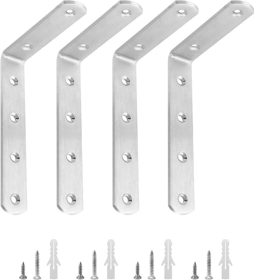 Allecto plus Hoekplank RVS 90 graden hoekrek met bevestigingsschroeven 150x100x4mm Set van 4 stuks