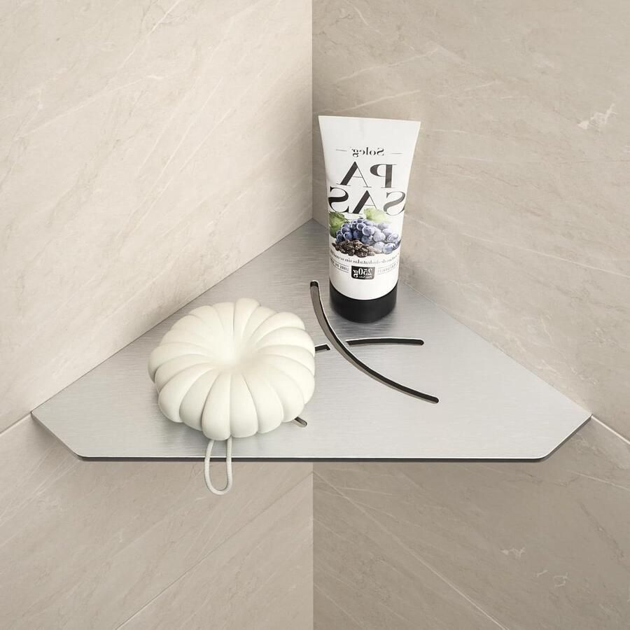 Allecto plus Hoekplank van geborsteld roestvrij staal 304 254 mm wandplank zonder boren vijfhoekig rek voor badkameropslag