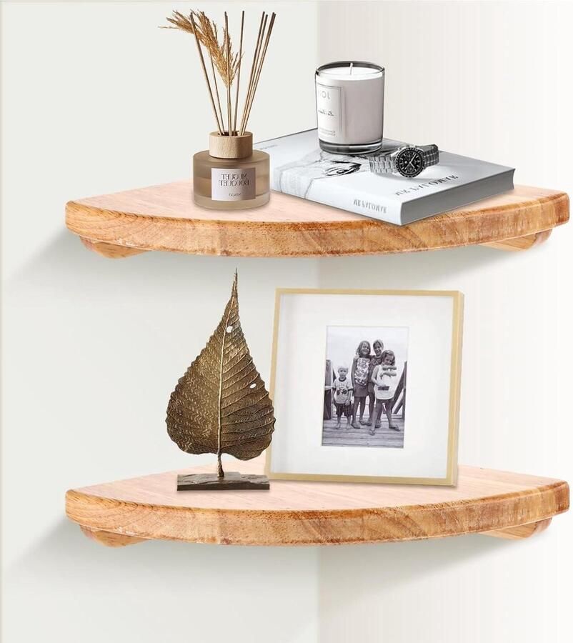 Allecto Plus Hoekplanken Set Hangende Wandplank 22 cm Massief Houten Hoekplanken Zwevende Hoekplank Slaapkamer Woonkamer Keuken Montageschroeven Inbegrepen