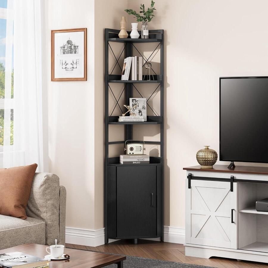 Allecto Plus Hoekrek met 4 niveaus en kast Industriële boekenkast met opbergrekken Houten vrijstaande boekenplanken Voor woonkamer thuiskantoor en hal Zwart staand rek