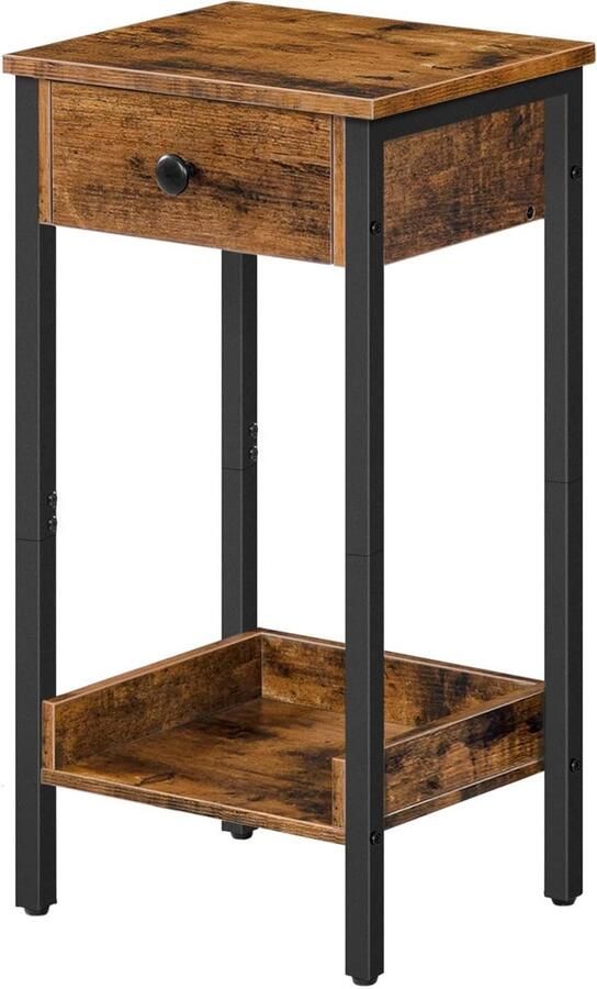 Hoge bijzettafel slank nachtkastje met lade en plank industrieel design 38 x 29 x 70 cm Rustiek bruin en zwart