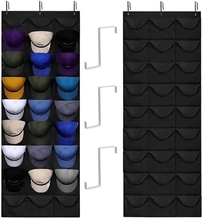 Allecto Plus Honkbal Pet Organizer met Opvouwbare PVC Wandhouder 24 Vakken en 3 Metalen Haken Zwart Ophangkaphouder