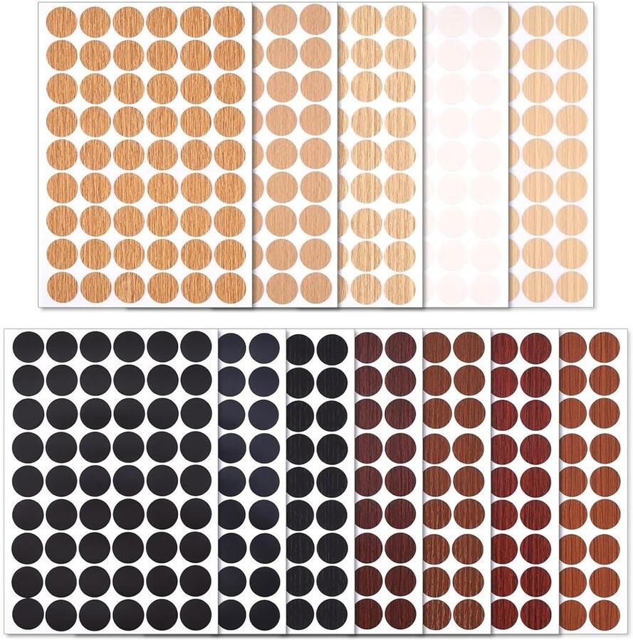Allecto Plus Hout Stickers Meubel – 648 St Schroefdeksel Stickers – 12 Kleuren Zelfklevend PVC Ronde Doppen voor Kast Deur