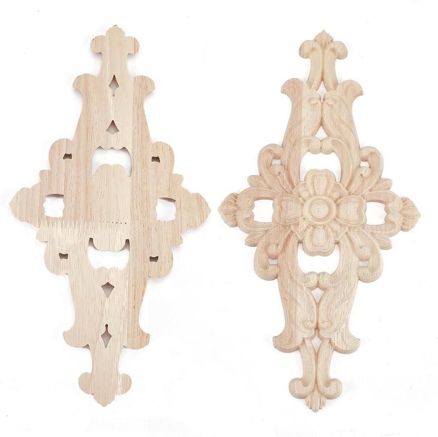 Allecto Plus Houten Bloem Applicaties Meubels Onlay Sticker Set van 2 Natuurlijk Houtsnijwerk voor Meubels Deuren en Muren