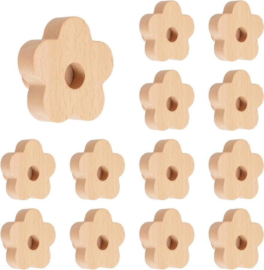 Allecto plus Houten bloemvormige knoppen (12 stuks) voor keukenkasten Natuurlijk beukenhout Inclusief schroeven en uitbreidingsbuis Voor woonkamer en kinderkamer