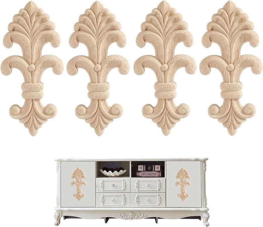 Allecto Plus Houten decoratieve sierlijst 4 stuks Lang houtsnijwerk voor wandlampen Houten hoek Onlay Wandlampen hoeken Houten sculptuur decoratie Decoratieve houten sierlijst (M)
