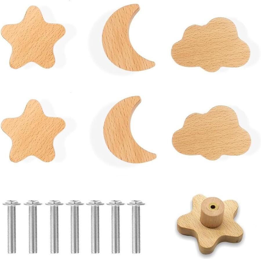 Allecto Plus Houten deur ladegrepen (6 stuks) meubelknoppen sterren maan wolken houten knoppen kast meubel handgreep inclusief schroeven