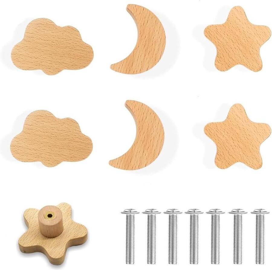 Allecto Plus Houten deur ladegrepen 6 stuks meubelknoppen sterren maan wolken kast knoppen met schroeven houten handvat decoratieve houten knoppen
