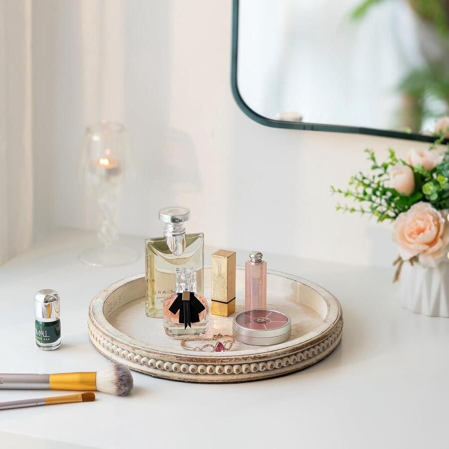 Allecto Plus Houten dienblad rond vintage wit decoratief kaarsendienblad voor keuken decoratie en tafel centerpieces