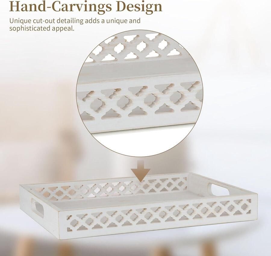 Allecto plus Houten dienblad voor Ottomaanse salontafel Wit Handgesneden Boerderij huisdecoratie met handgrepen Rechthoekig Groot formaat Landelijke stijl Decoratief Handig in gebruik