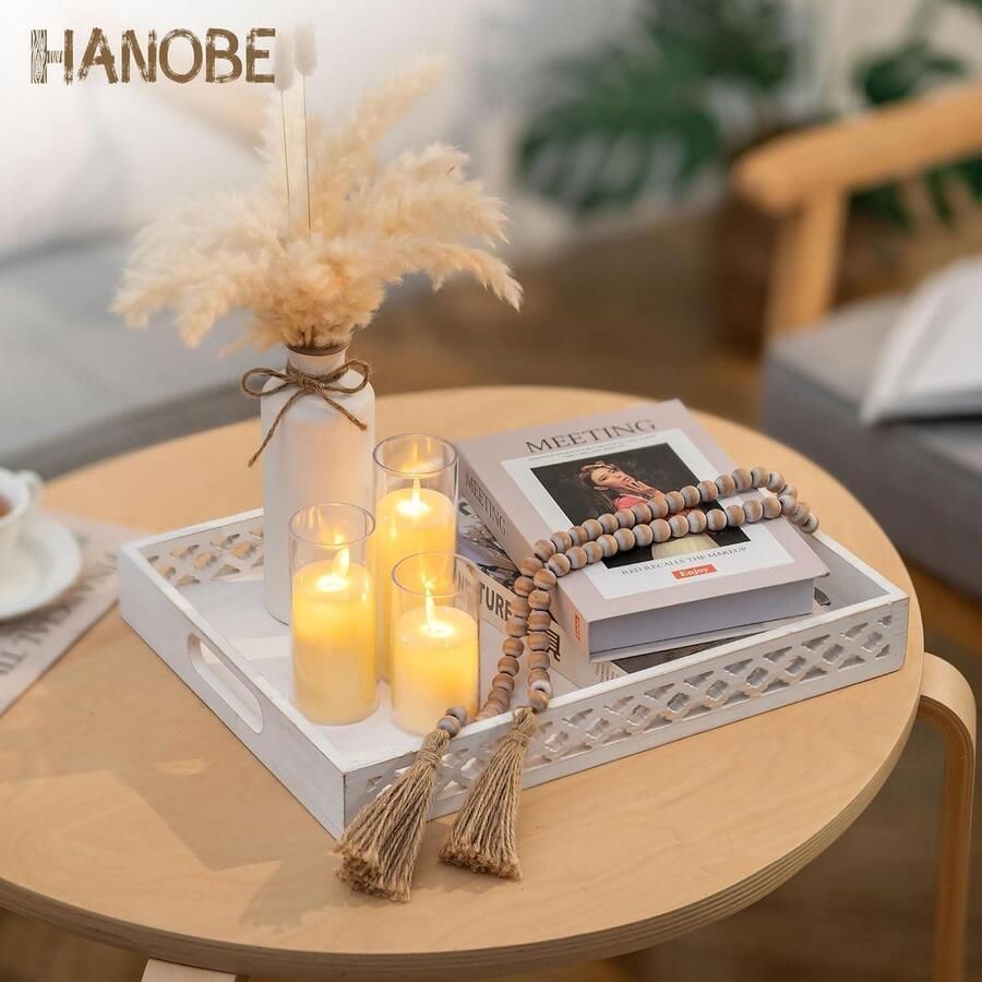 Allecto plus Houten dienblad wit Salontafel decoratie handgesneden Groot rechthoekig dienblad met handgrepen voor Ottomaanse boerderijstijl