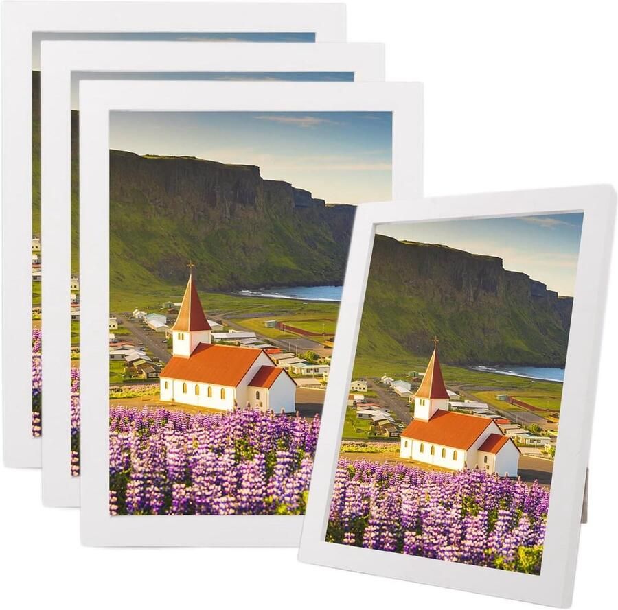 Allecto Plus Houten Fotolijst Set van 4 Foto Lijst Hout 21 x 29 7 cm Fotolijsten met Acrylglas Tafel en Muur Bevestiging Wit