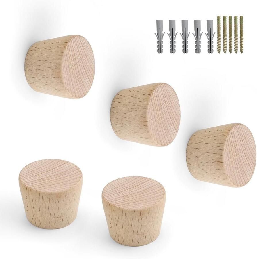 Allecto Plus Houten Garderobe Wandhaken voor Kleding Conische Design Inclusief Schroeven en Expansiebuizen Ophangen van Kleding Hoeden en Tassen in Stijlvolle Garderobe Oplossing