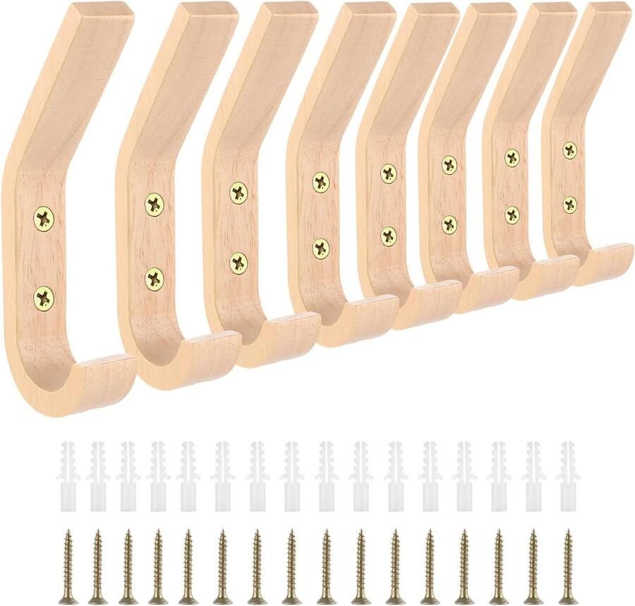 Allecto Plus Houten garderobehaken 8 stuks 155 mm natuurlijk hout kledinghaken hoedenplank wandhaken voor sleutelhouder en garderobe