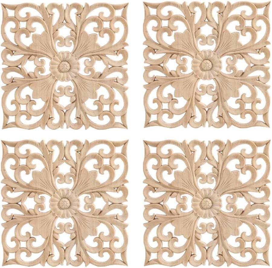Allecto plus Houten gesneden Onlay Applique 4 stuks Meubels DIY decoratie Europese stijl stickers Woondecoratie Muren deuren kasten ramen 5 9 x 5 9 Ongeverfd