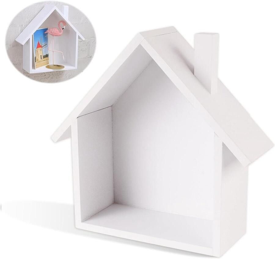 Allecto Plus Houten Huis Wandplank Decoratie Retro Nostalgie Slaapkamer Badkamer Boerderij Kantoor (wit)