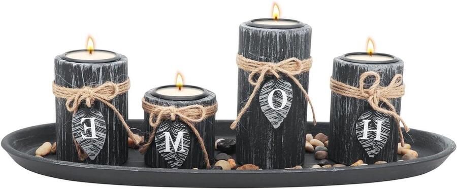 Allecto Plus Houten kaarsenhouders set met natuurstenen theelichthouders en dienblad voor huisdecoraties Tafel middelpunt Home styling 4 zoekwoorden