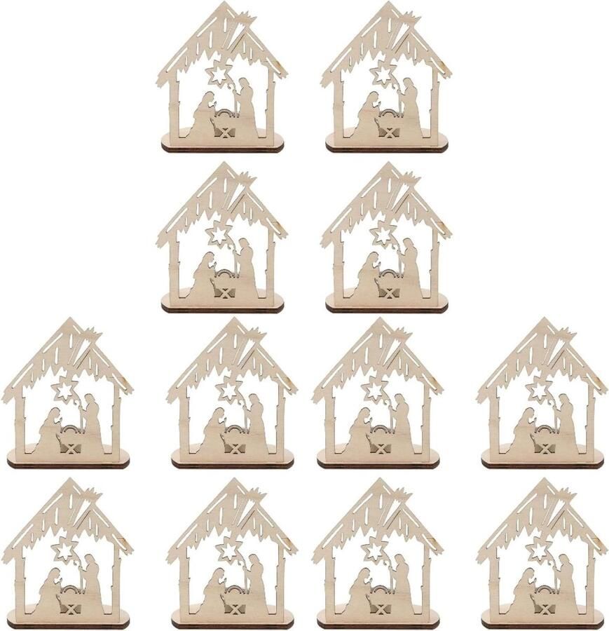 Allecto plus Houten kandelaars set van 12 stuks voor paddleboard Jezus kandelaar Kribbe theelicht kopjes Decoratieve kandelaar voor bureau en tafel Eenvoudige kaarsenhouder met decoratie