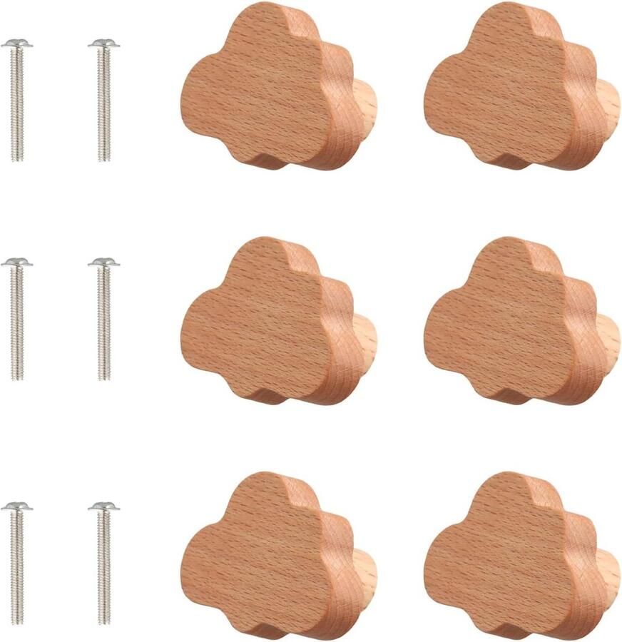 Allecto Plus Houten Kastknoppen 6 stuks met schroeven Wolkvormige handvatten voor Thuis Keuken Slaapkamer Kledingkast Meubelknoppen