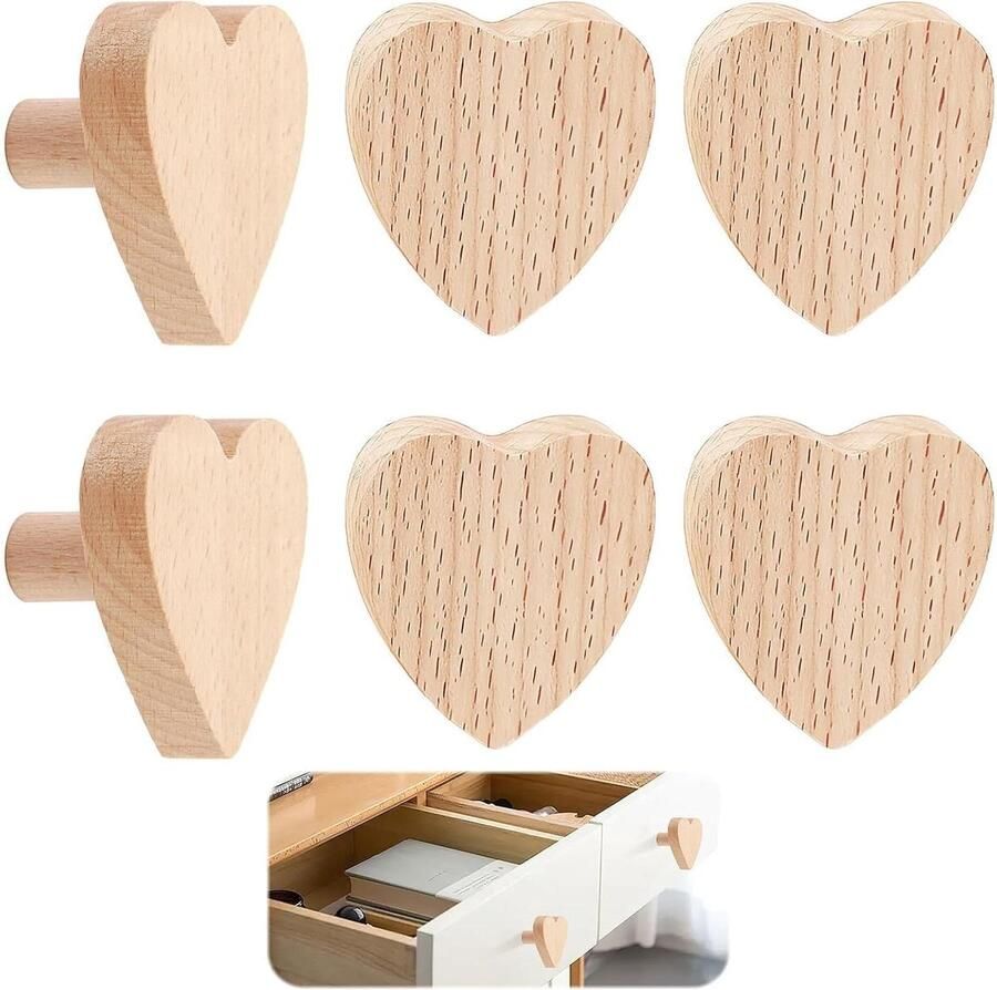 Allecto Plus Houten kastknoppen in hartvorm set van 6 knoppen voor keuken slaapkamer en woonkamer met montageschroeven
