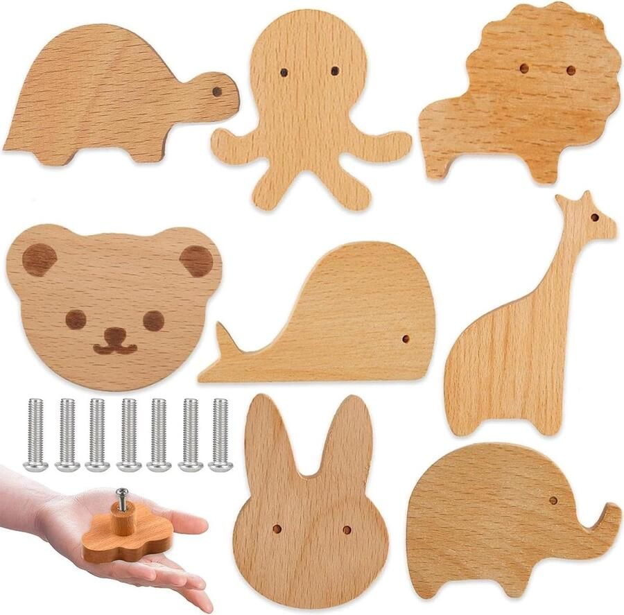 Allecto Plus 8 Stuks Houten Kastknoppen Kinderkamer Dier Meubelknoppen Decoratieve Knoppen met Diermotieven Inclusief Schroeven Kasten Ladegreep - Foto 2