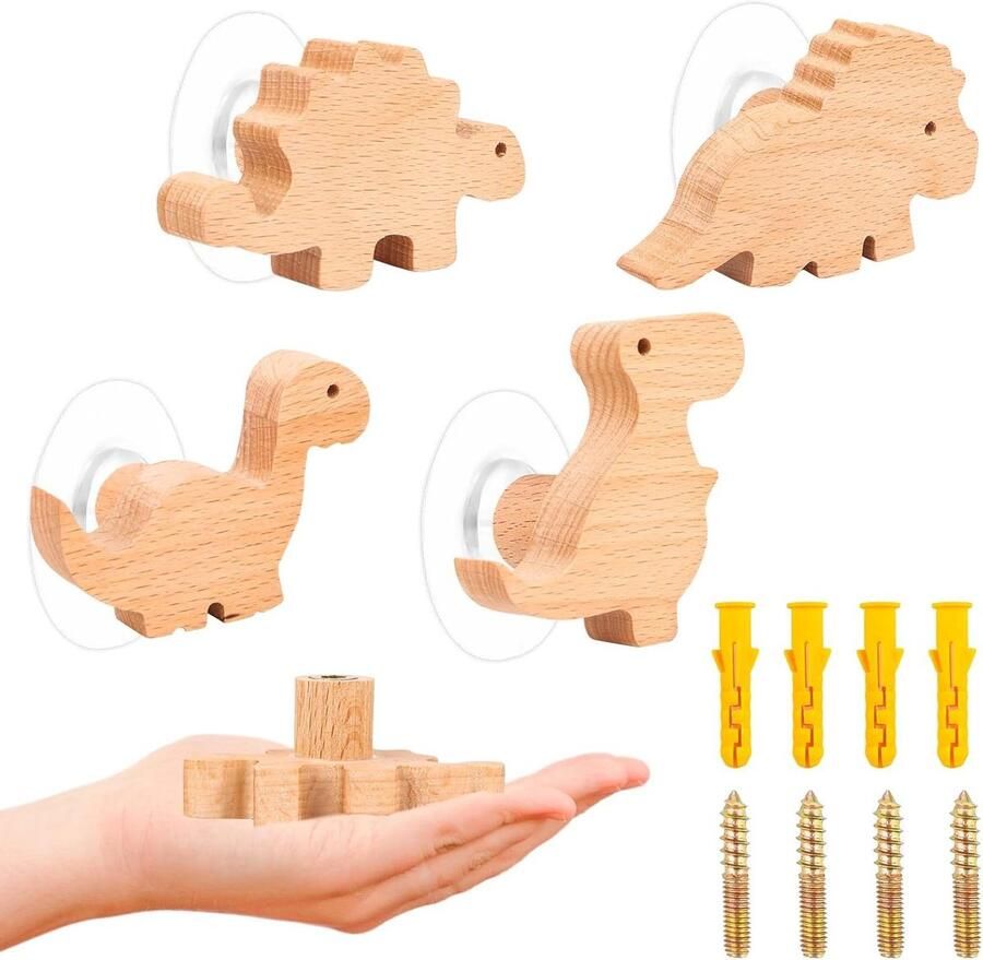 Allecto Plus Houten Kastknoppen voor Kinderkamer 4 stuks Houten Knoppen met Diermotieven Meubelknoppen Houten Handgrepen 2-in-1 Zelfklevende Meubelknoppen met Schroeven Set van 4 Stuks