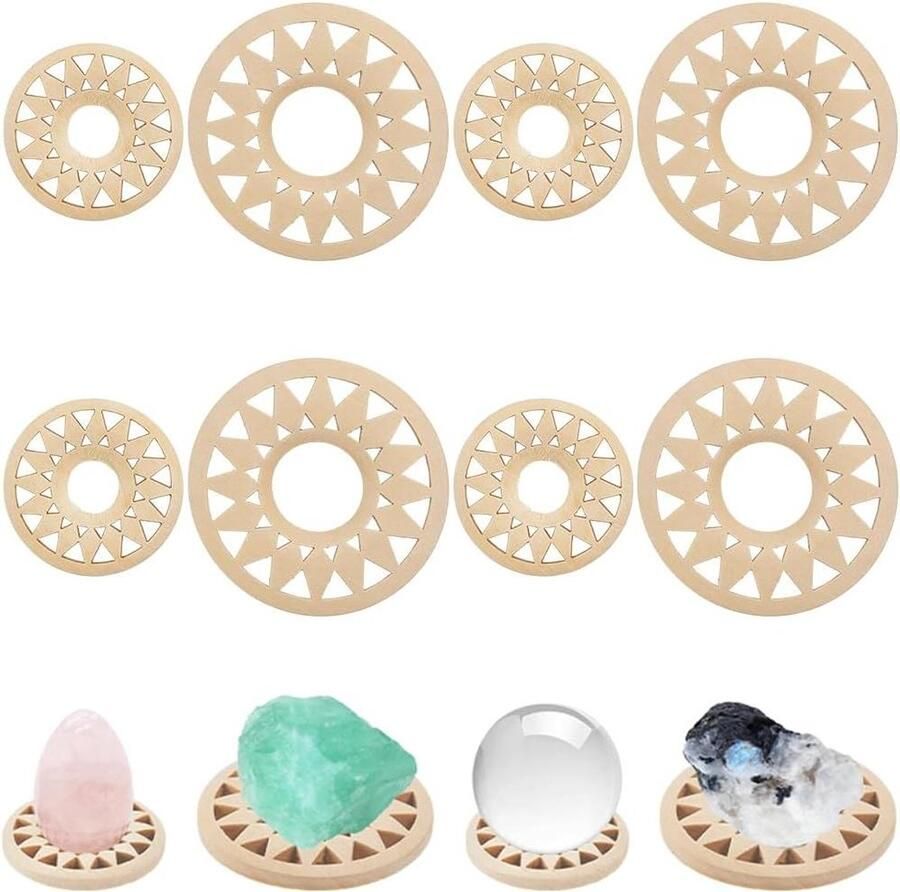 Allecto plus Houten Kristallen Bol Stand Display Zonnebloem Vintage Ei Rotsen Houder voor Edelstenen Thuis Decoratie Kast Ornamenten met 2 Formaten