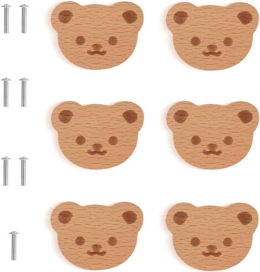 Allecto Plus Houten ladegreep 6 stuks Houten knoppen met diermotieven Kast decoratie Ladeknoppen Schroeven inbegrepen Knop voor kasten (M)