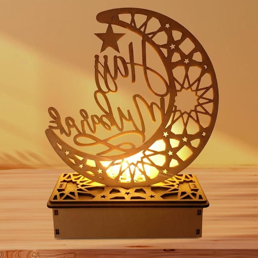 Allecto plus Houten LED Ramadan decoratie lantaarn voor Eid Mubarak tafel Islamitische nachtlampje voor moslim Doe-het-zelf Ramadan decoratie LED ornamenten Hout Decoratie Islam Feestelijk Tafeldecoratie