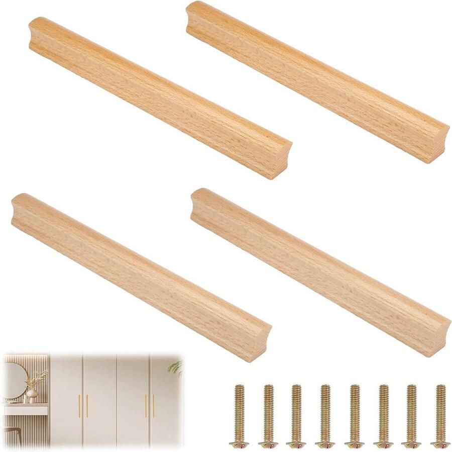 Allecto Plus Houten meubelgrepen 192 mm gatafstand voor kasten keukenkasten massief meubilair inclusief schroeven voor deuren lades kast 4 stuks