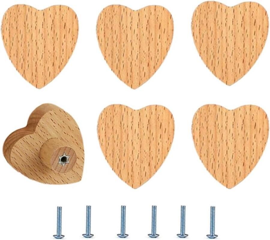 Allecto Plus Meubelgrepen en Meubelknoppen van Massief Hout voor Decoratie Set van 6 Stuks Keukenkasten en Laden Natuurlijke Textuur Kinderen Mitssluiting