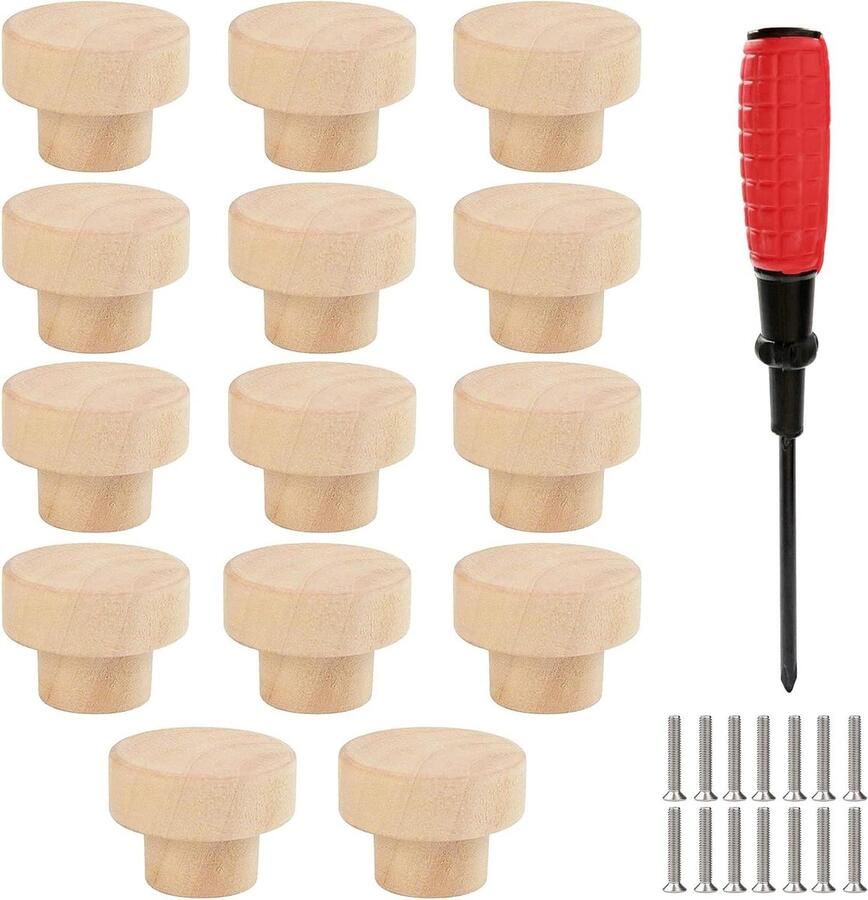 Allecto Plus Houten Meubelknoppen Handgrepen Set 14 stuks Voor Kasten Lades Kastdeuren Ronde Houten Knoppen 30 x 25 mm