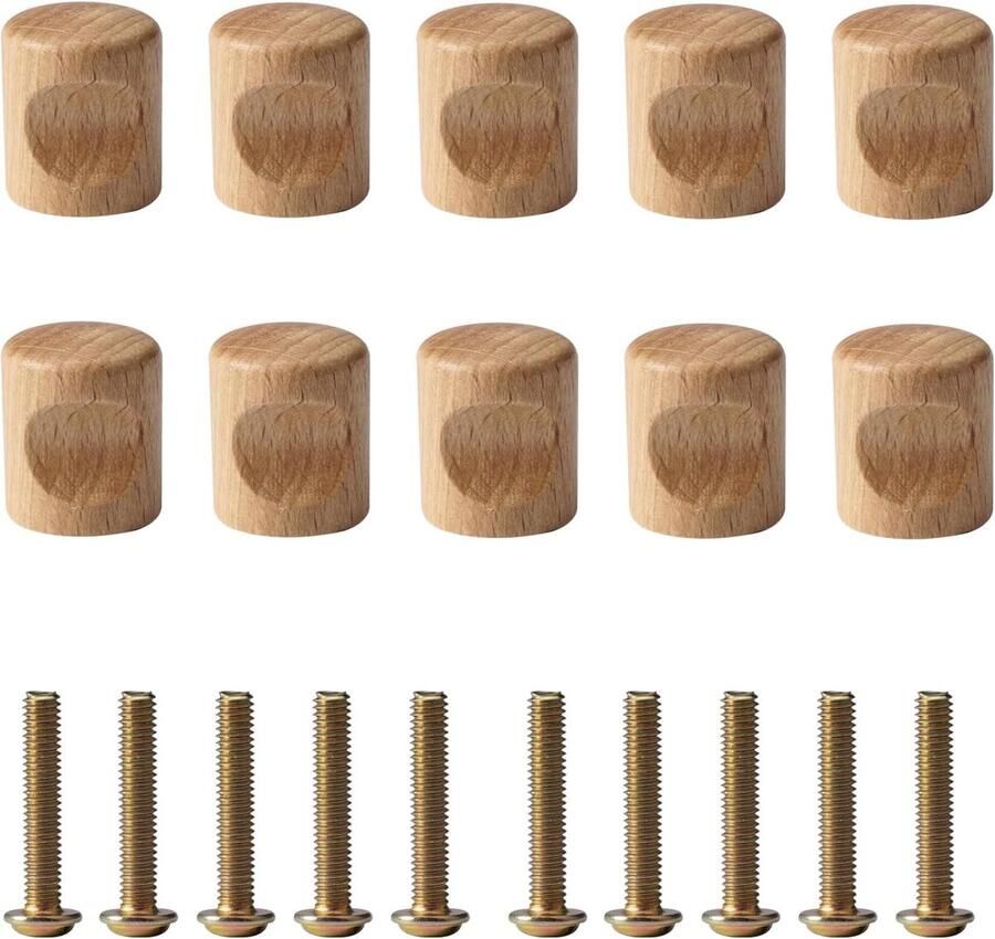 Allecto Plus Houten Meubelknoppen Set van 10 Ø20mm×24mm Onbehandelde Houten Knoppen met Schroeven Geschikt voor Kasten Kledingkasten en Lades